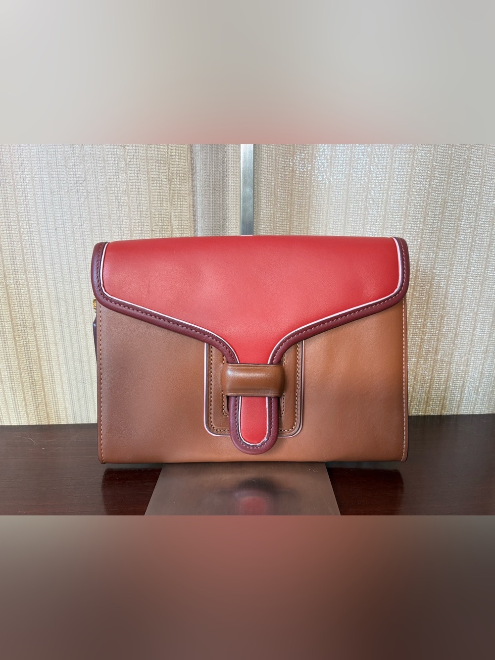 Leather Colorblock Shoulder Bag in Red and Brown